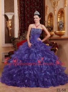 Purple Ball Gown Strapless Floor-length Organza Beading Unique Quinceanera Dress