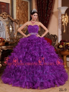 Purple Ball Gown Sweetheart Floor-length Organza Beading Cheap Quinceanera Dress
