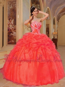 Rust Red Ball Gown Sweetheart Floor-length Taffeta and Organza Appliques Puffy Sweet 16 Gown