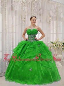 Spring Green Ball Gown Strapless Floor-length Organza Beading Puffy Sweet 16 Gowns