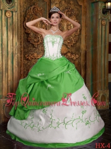 Strapless Spring Green and White Floor-length Embroidery Cheap Quinceanera Dress