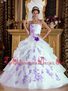 White and Purple A-Line Strapless Floor-length Organza Appliques Vestidos de Quinceanera