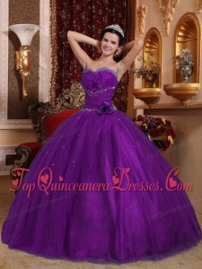 Puffy Purple Ball Gown Sweetheart Floor-length Tulle Beading Sweet 16 Gowns