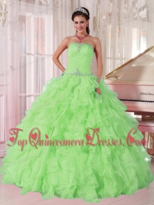 2014 New Spring Green Strapless Ruffles and Beading Couture Quinceanera Dresses for Girl