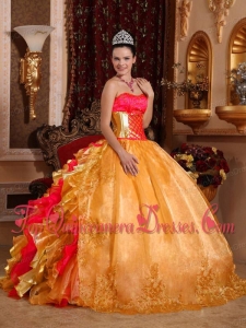 Ball Gown Strapless Floor-length Organza Embroidery Gold Cheap Quinceanera Dresses