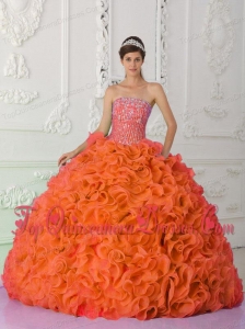 Ball Gown Strapless Organza Beading Orange Red Cheap Quinceanera Dresses