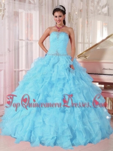 Light Blue Ball Gown Strapless Ruffles Organza Beading Elegant Quinceanera Dresses