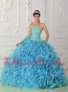 Organza Ball Gown Strapless Beading Blue Couture Quinceanera Dresses with Ruffles