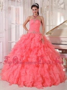 Popular Strapless Watermelon Red Ruffles Beading Classic Quinceanera Dresses for 2014