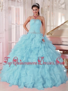 2014 Low Price puffy Light Blue Vestidos de Quinceanera with Beading and Ruffles