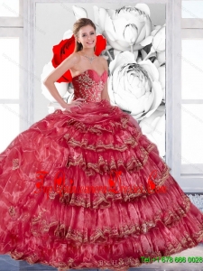 2015 Luxurious Appliques and Ruffles Quinceanera Dress in Coral Red