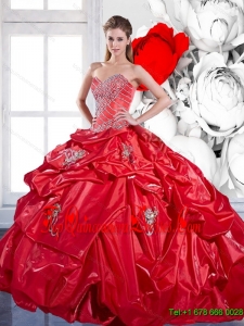 2015 Beading and Appliques Red Quinceanera Dresses with Brush Train and Pick Ups