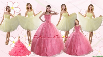 Rose Pink Beading Ball Gown Quinceanera Dress and Strapless Knee Length Dama Dresses and Halter Top Little Girl Dress