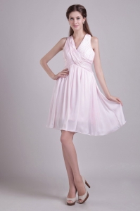 Mini-length Dama Dress Empire Ruch V-neck Chiffon Baby Pink