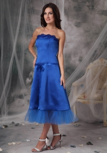 Blue Sash Dama Dress A-Line/Princess Strapless Tea-length Taffeta