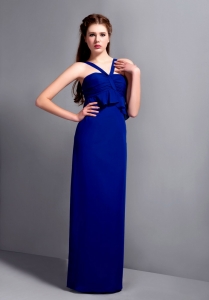 V-neck Straps Dama Dress Royal Blue Column Chiffon Ruching