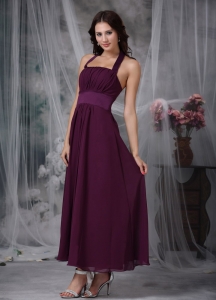 Chiffon Dama Dress Empire Halter Ankle-length Burgundy Ruch