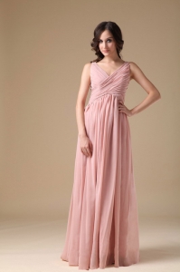 Ruched Dama Dress for Quinceanera Pink Empire Chiffon V-neck