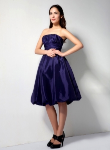 Dark Purple Strapless Dama Dress Knee-legnth Taffeta Ruch