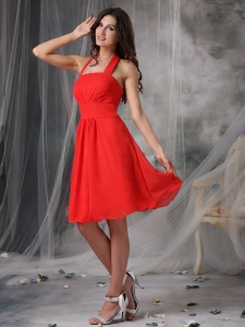 Knee-length Party Dama Dress Red Ruch Empire Halter Chiffon