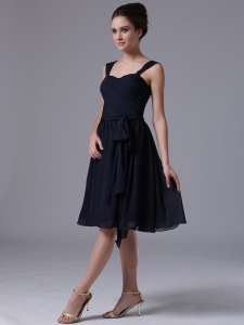 Navy Blue Dama dresses Ruched Straps Chiffon Knee-length