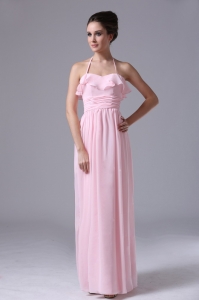 Halter Pink Chiffon Dama Dress for Quinces Ruched Mid-section