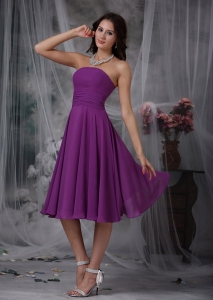 Purple Strapless Tea-length Chiffon Ruch Dama Dresses for Quinces