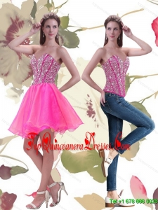 Fashionable 2015 A Line Mini Length Hot Pink Damas Dress with Beading
