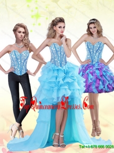 Gorgeous Aqua Blue High Low 2015 Dama Dress with Beading and Ruffles