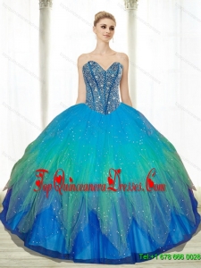 2015 New Style Beading Sweetheart Tulle Turquoise Quinceanera Dresses