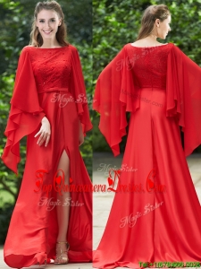 2016 Pretty Bateau Long Sleeves Red Dama Dress with Beading and High Slit