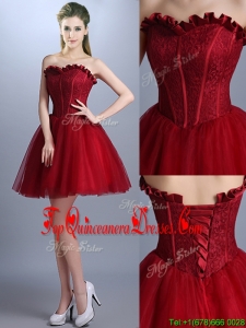 New Arrivals Laced Mini Length Quinceanera Dama Dress in Wine Red