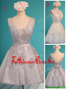 See Through Deep V Neckline Quinceanera Dama Dress with Appliques and Belt