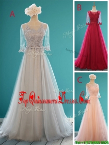 See Through Scoop Half Sleeves Quinceanera Dama Dress with Appliques and Belt