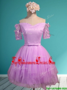 Sweet Lilac Off the Shoulder Short Sleeves Quinceanera Dama Dress with Appliques and Belt