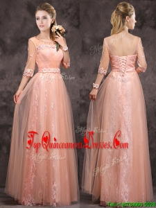 Exquisite See Through Applique and Laced Long Quinceanera Dama Dress in Peach