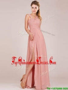 Modern Straps Peach Quinceanera Dama Dress with Ruching and High Slit