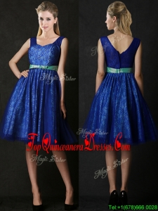 New Arrivals Belted and Laced Blue Quinceanera Dama Dress in Knee Length