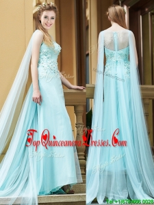 Simple Bateau Applique Watteau Train Quinceanera Dama Dress in Light Blue