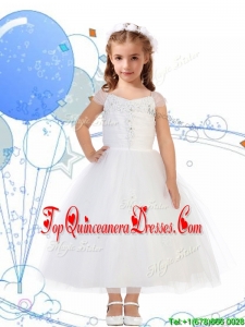 Top Selling Square Cap Sleeves Appliques Mini Quinceanera Dress in White