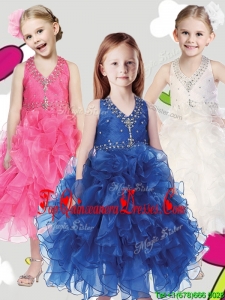 Best Beaded and Ruffled Halter Top New Arrival Kid Pageant Dresses in Tea Length