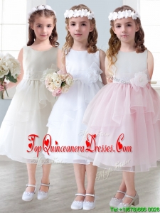 Lovely Scoop Hand Made Flowers and Ruffled Layers New Arrival Kid Pageant Dresses in Tea-length