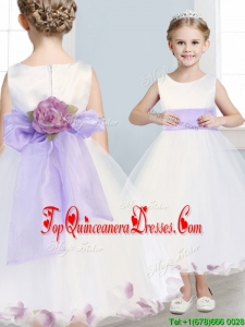 Fashionable Scoop Hand Made Flowers and Appliques New Arrival Kid Pageant Dresses in Whit