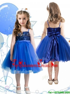 Fashionable Spaghetti Straps Royal Blue New Arrival Kid Pageant Dresses with Sashes and Sequins