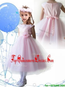 Lovely Scoop Hand Made Flowers and Appliques New Arrival Kid Pageant Dresses in Baby Pink