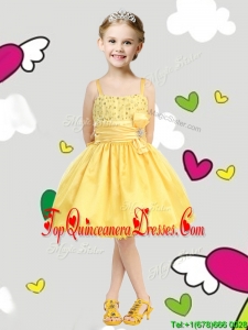 Perfect Spaghetti Straps Belt and Sequins New Arrival Kid Pageant Dresses in Yellow