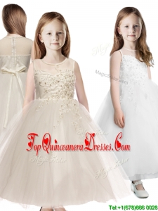 See Through Scoop Appliques New Arrival Kid Pageant Dresses in Champagne