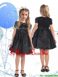 See Through Scoop Short Sleeves Lace and Belt New Arrival Kid Pageant Dresses in Black