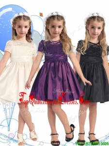 See Through Scoop Short Sleeves New Arrival Kid Pageant Dresses with Lace and Belt