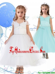 See Through Square Cap Sleeves New Arrival Kid Pageant Dresses with Beading